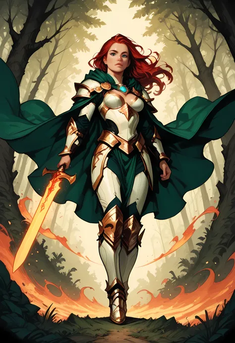 a picture of female human paladin of nature protecting the forest, wearying heavy armor, divine armor, white armor, small cleavage, flowing cloak, long cloak, green cloak, armed with a sword, glowing sword, wearing a glowing holy symbol, a woman, divine k...