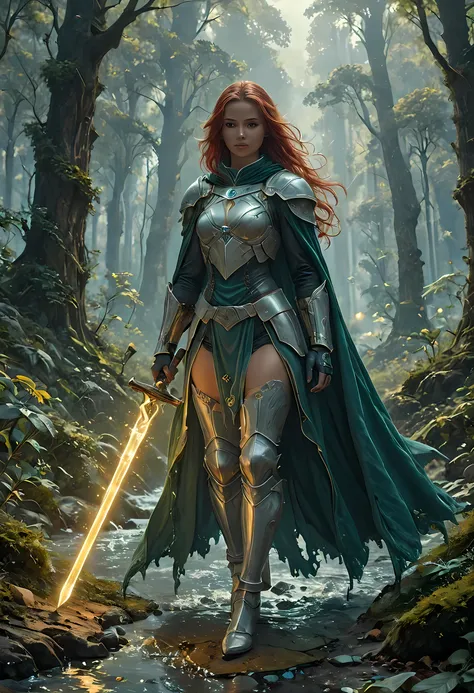 a picture of female human paladin of nature protecting the forest, wearying heavy armor, divine armor, white armor, small cleavage, flowing cloak, long cloak, green cloak, armed with a sword, glowing sword, wearing a glowing holy symbol, a woman, divine k...