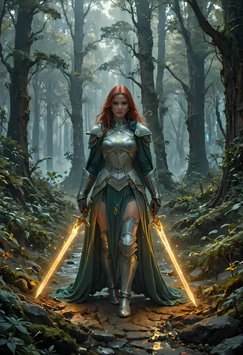 a picture of female human paladin of nature protecting the forest, wearying heavy armor, divine armor, white armor, small cleavage, flowing cloak, long cloak, green cloak, armed with a sword, glowing sword, wearing a glowing holy symbol, a woman, divine k...