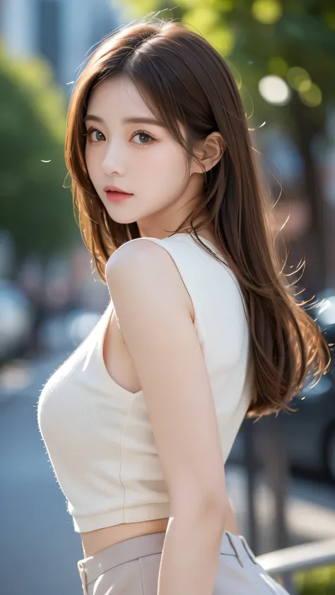 top quality,8K, very detailed,  in fine detail, high resolution, 8K wallpaper, perfect dynamic composition, Meticulous Eye, Beautiful Eyes、looking at the camera、top quality、model、slender body、pictures、brown hair semi-long、beautiful face、Actual item、, 、mini...