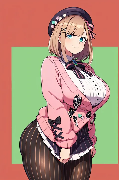 4K((top quality)),(masterpiece)(Super Detail), perfect face superb female body、Easy-birth hips.(((thick thighs))) well-shaped 、(((Very big )))     masterpiece, top quality, high resolution, , beret, x Hair Ornament,  medium hair, pink ribbon, big breasts, ...