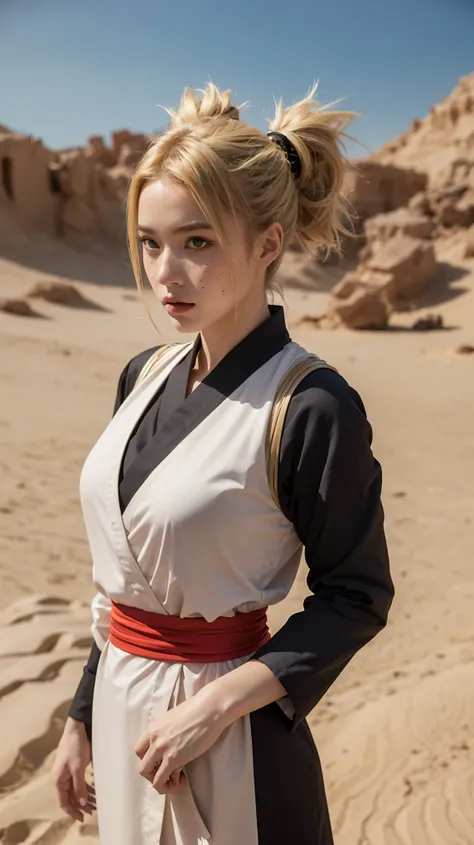 A hyper-realistic portrait of a woman inspired by Temari from Naruto Shippuden, reimagined in the real world. She has striking green eyes, sharp and intelligent with a fierce gaze. Her blonde hair is styled into four distinctive spiky ponytails, detailed w...