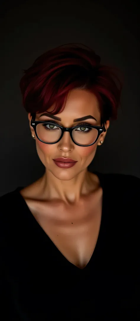 Adult girl, dark red hair, short hal hairstyle, glasses, fascinating look into the camera, sex position, thick black background