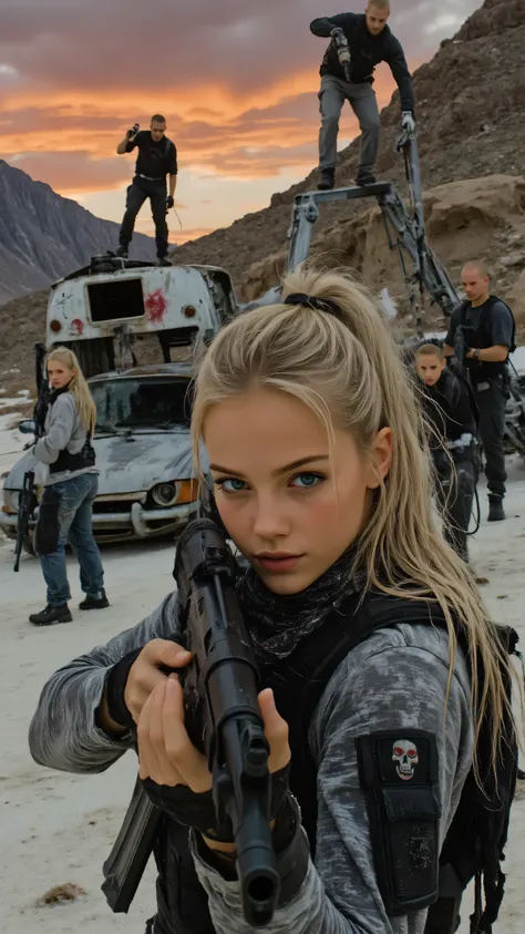 A cunning female outlaw, early 30s, with intense eyes, crouched behind a rusted car in a sprawling desert junkyard at dusk, clutching a shotgun, ready to strike. Her bandana is splattered with dust, and her jacket bears gang patches. Behind her, five gang ...