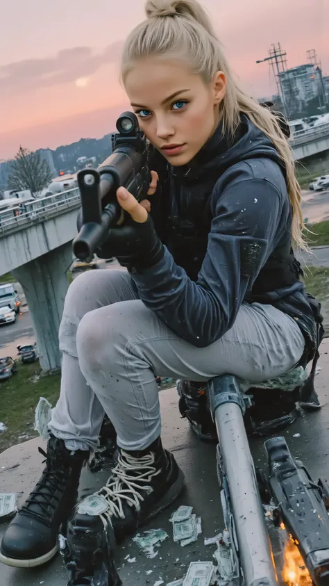 A rebellious female gang member, early 20s, with a determined glare, perched on a bullet-scarred highway overpass at dawn, aiming a sniper rifle with deadly focus. Her hoodie is torn, revealing gang tattoos, and her boots rest on a pile of stolen money. Be...