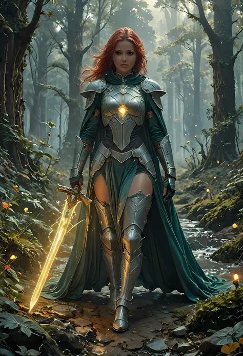 a portrait of female human paladin of nature protecting the forest, wearying heavy armor, divine armor, white armor, small cleavage, flowing cloak, long cloak, green cloak, armed with a sword, glowing sword, wearing a glowing holy symbol, a woman, divine ...
