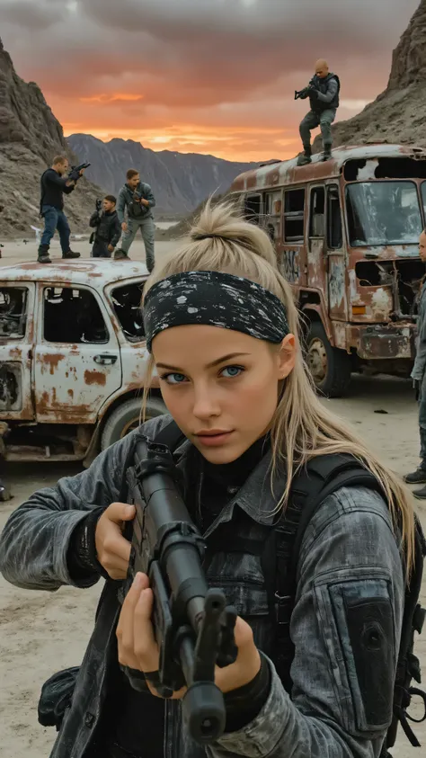 大きなマシンガン、A cunning female outlaw, early 30s, with intense eyes, crouched behind a rusted car in a sprawling desert junkyard at dusk, clutching a shotgun, ready to strike. Her bandana is splattered with dust, and her jacket bears gang patches. Behind her, f...