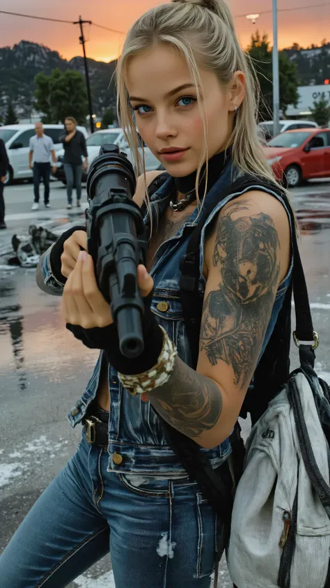 大きなマシンガン、A defiant young woman, tattooed and fearless, standing in a bullet-scarred Los Santos strip mall parking lot at dusk, dual-wielding pistols with a confident smirk, her ripped denim jacket fluttering in the breeze. Cash bundles spill from an overtu...