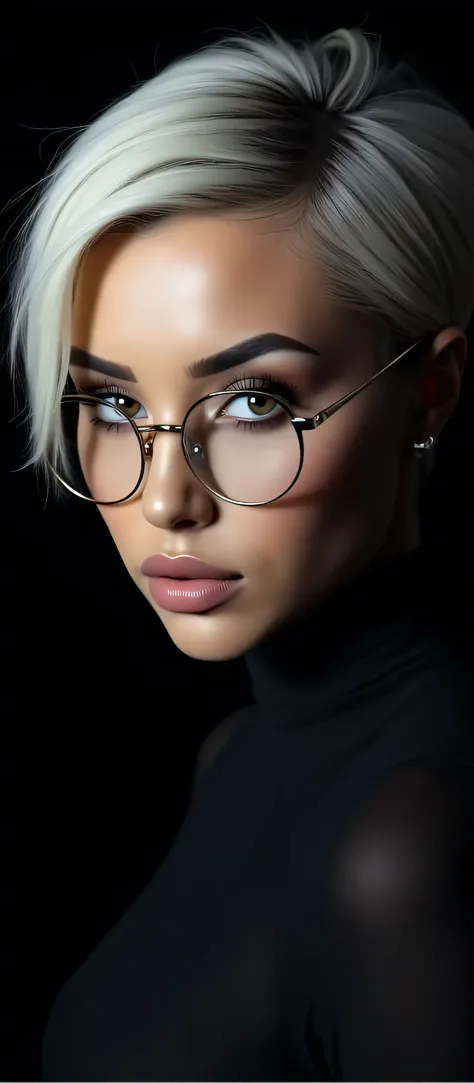 adult girl, white bleached hair, short hal hairstyle, Thin metal-framed glasses, mesmerizing look into the camera, thick black background