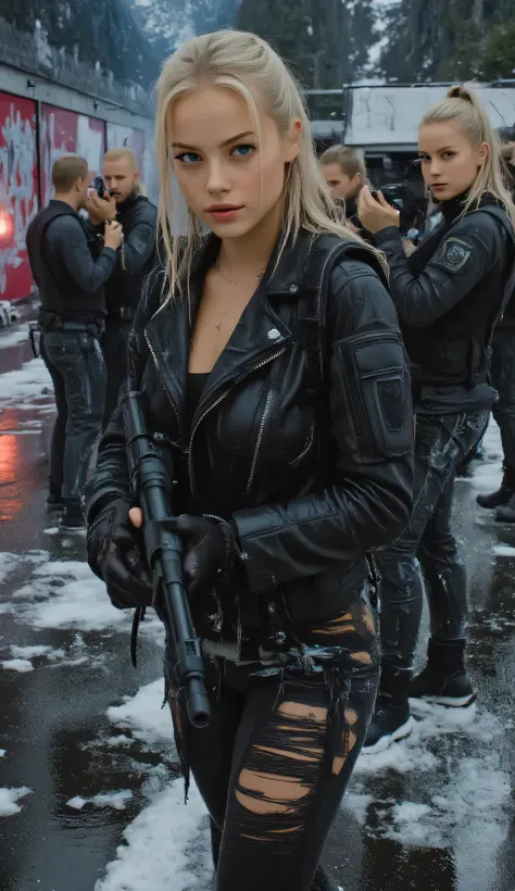 A charismatic female gang enforcer, mid-20s, with a fierce expression, standing in the center of a dimly lit underground Los Santos club, dual-wielding pistols with confidence. Her ripped outfit is stained with paint and blood, and her stance is unyielding...