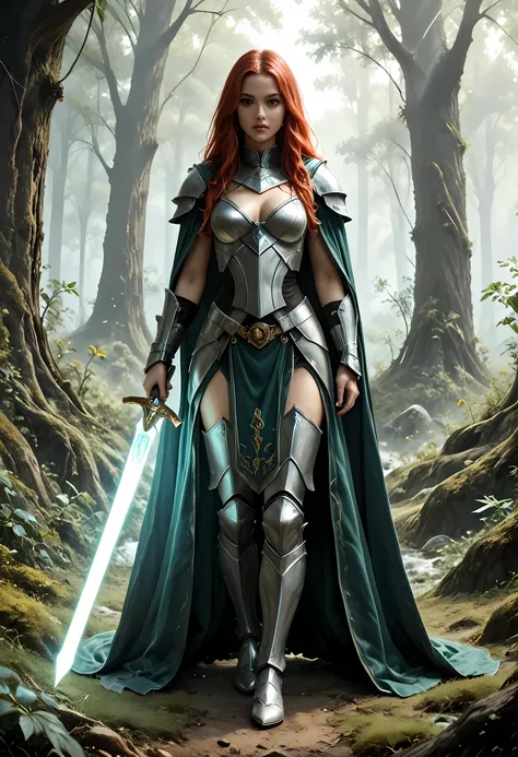 a portrait of female human paladin of nature protecting the forest, wearying heavy armor, divine armor, white armor, small cleavage,  flowing cloak, long cloak, green cloak, armed with a sword, glowing sword, wearing a glowing holy symbol, a woman, divine ...