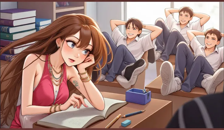 A cartoon-style classroom scene. In the foreground, a frustrated and angry girl with long brown hair is doing homework at her desk. She's wearing a pink dress and multiple colorful necklaces and bracelets. In the background, three boys in school uniforms (...