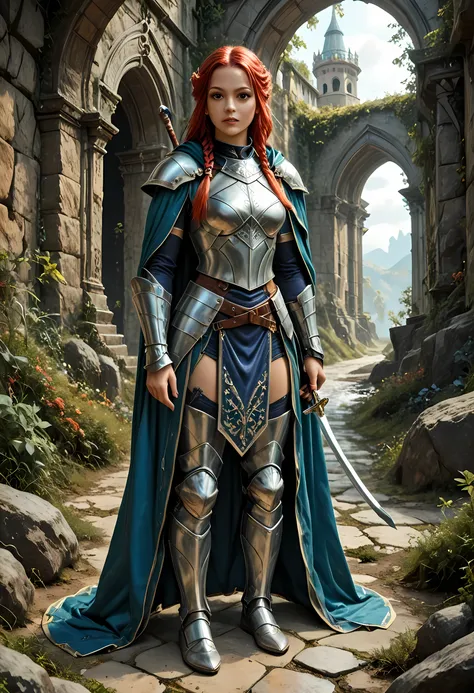 a picture of a female elf, fantasy swashbuckler, fantasy fencer, armed with a slim sword, shinning sword, magical sword, metallic shine, colorful clothes, full body, epic beautiful female elf, red hair, braided hair, small pointed ears, wearing blue cloak...