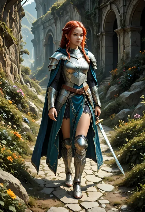 a picture of a female elf, fantasy swashbuckler, fantasy fencer, armed with a slim sword, shinning sword, magical sword, metallic shine, colorful clothes, full body, epic beautiful female elf, red hair, braided hair, small pointed ears, wearing blue cloak...