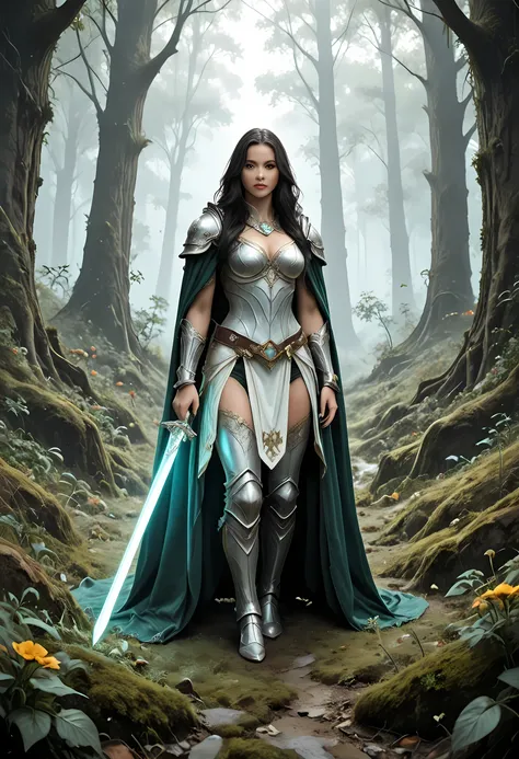 a portrait of female human paladin of nature protecting the forest, wearying heavy armor, divine armor, white armor, small cleavage, flowing cloak, long cloak, green cloak, armed with a sword, glowing sword, wearing a glowing holy symbol, a woman, divine ...