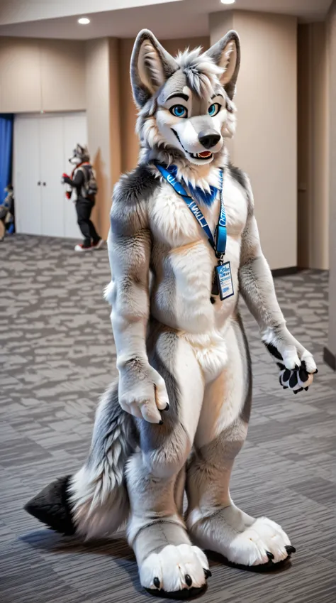 full body, fursuit, male, grey, grey limbs wolf, blue eyes, lanyard around neck, furry convention background