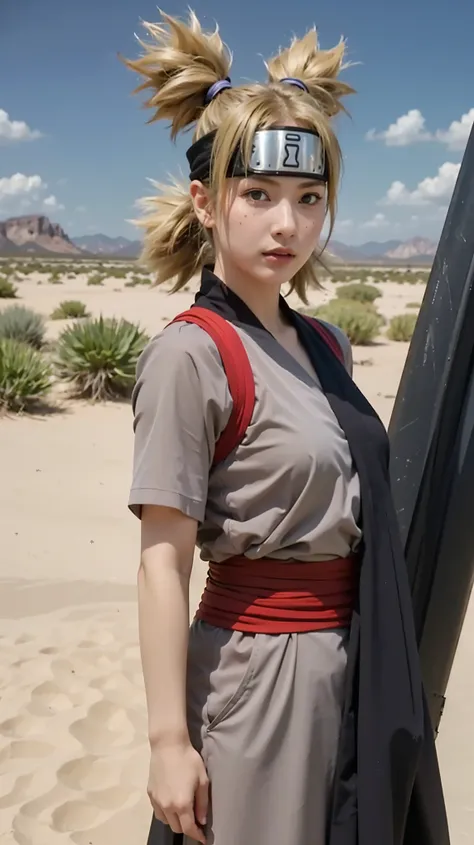 A hyper-realistic portrait of a woman inspired by Temari from Naruto Shippuden, reimagined in the real world. She has striking green eyes, sharp and intelligent with a fierce gaze. Her blonde hair is styled into four distinctive spiky ponytails, detailed w...