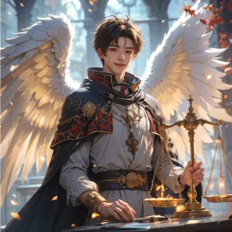 There is a desk where the angel of a young man with a lovely smile wears a gray cloak and clothes decorated in red and gold gothic style, and is weighed in a world of light