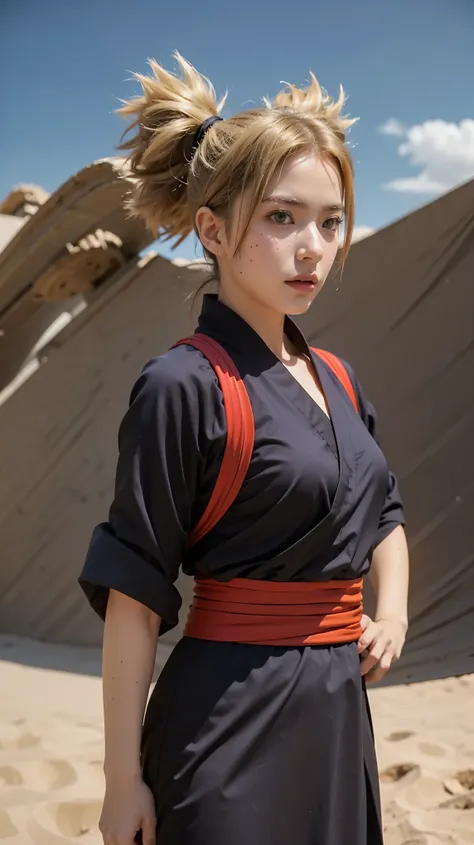 A hyper-realistic portrait of a woman inspired by Temari from Naruto Shippuden, reimagined in the real world. She has striking green eyes, sharp and intelligent with a fierce gaze. Her blonde hair is styled into four distinctive spiky ponytails, detailed w...