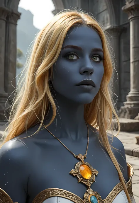 portrait of a female cleric ((dark blue skin: 1.5)), intense details facial details, exquisite beauty, cleric, (dark blue skin: 1.5)) female, ((yellow hair: 1.5)), long hair, (((no ears: 1.5))), (green eyes: 1.3), armed with a fiery sword red fire, wearing...