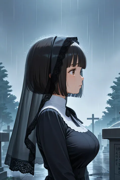 1girl, standing, from side, profile, upper body,
BREAK girl, 22yo, short hair, bob cut, ear, (blunt bangs), black hair, (tareme:1.2), detailed cute brown eyes, curled eyelashes, (large breasts:0.8),
beautiful eyes, detailed eyes, beautiful face,
funeral d...