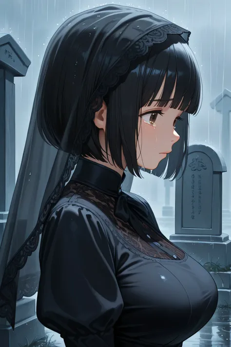 1girl, standing, from side, profile, upper body,
BREAK girl, 22yo, short hair, bob cut, ear, (blunt bangs), black hair, (tareme:1.2), detailed cute brown eyes, curled eyelashes, (large breasts:0.8),
beautiful eyes, detailed eyes, beautiful face,
funeral d...