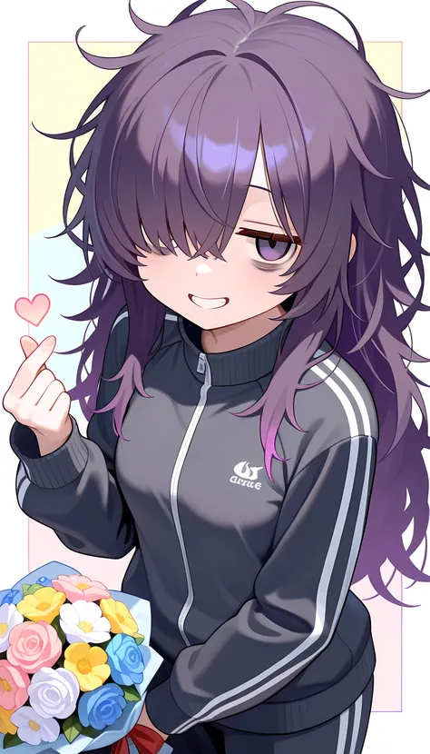 masterpiece, best quality, high quality, good quality, pastel colors, colorful, masterpice,deformed style ,1girl,solo,long hair,dark purple hair, ((messy hair)), hair over one eye, (hair over right eye),((comic jitome)) ,(bags under eyes) ,grin , small bre...