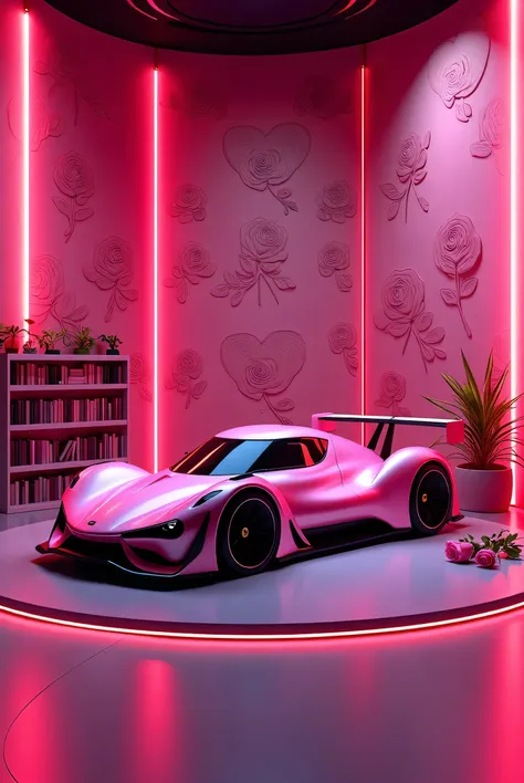 A show studio, a presentation platform, with a wonderful background, containing a book library on the left side, next to a beautiful modern pink racing car, a pink wall engraved with hearts and roses, neon lines, bright burgundy tubes, a small circular pla...