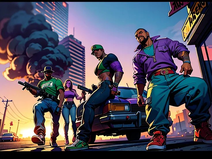 "GTA San Andreas style, cinematic action scene on Groove Street, Los Santos (retro Los Angeles). CJ (Carl Johnson), Big Smoke, Ryder, and OG Loc stand together, holding guns, ready for battle. In the background, a crashing plane falls between skyscrapers, ...