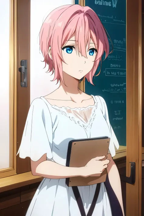 high quality, Definition, male short pink hair, blue eyes, wending white dress