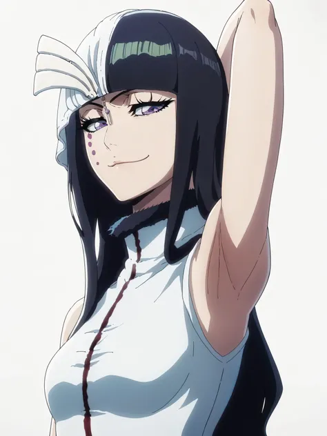 score_9, score_8_up, score_7_up, source_anime, anime coloring, masterpiece, best quality, amazing quality, anime screencap, 1girl, solo, cyan sung-sun, blood war outfit, long green/black hair, three pink dots below her right eye, purple eyes, fabric over t...