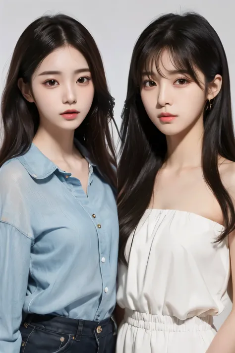 (Highest quality, HD masterpiece:1.3), concentrate:1.2, ((Created two female characters with the same face and style as K-pop's Wonyoung:1.3)), ((((Both of them took full-body photos:1.8))))), Super thin waist:1.2, Hips:1.2, ((Fashion short straight ha...