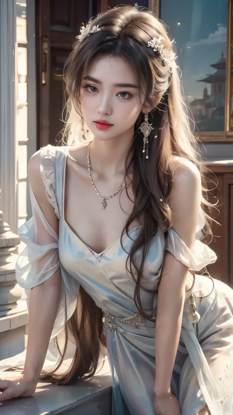 ((whole body)), ((from below)), Yushuxin,1 girl,alone, ((stand up, leaning on ledge)), ((lean forward)), ((The features are clear, clear face, clear face)), red lips, cosmetics, close-up, elegant姿势, seductive pose, Perfect Curve, Slim, Sexy, big breasts, s...