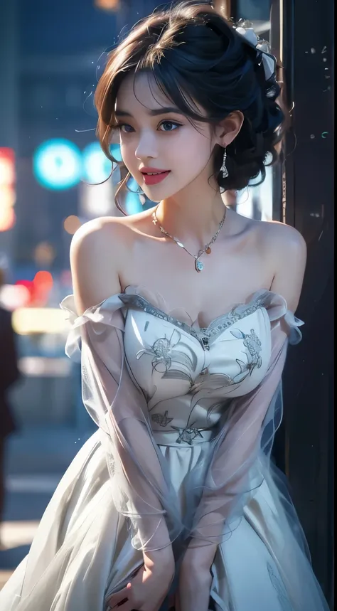 sh33rfl0r4l, long sleeves, black dress, off shoulder, bare shoulders, long dress, see-through, tulle dress,  ((knee shot)), 8k, masterpiece, original photo, best quality, detail:1.2), ((Shot at random angles)), lifelike, Extremely detailed CG unified 8k wa...