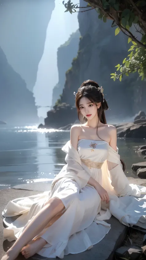 ((gufeng, bare shoulders)),(masterpiece, best quality:1.2), 1girl, solo, In the depths of Wonderland,The moonlight falls like water,foggy room,The figure of the heroine is vaguely visible,Just like the fairy in the painting,Slender sexy legs,Very nice legs...