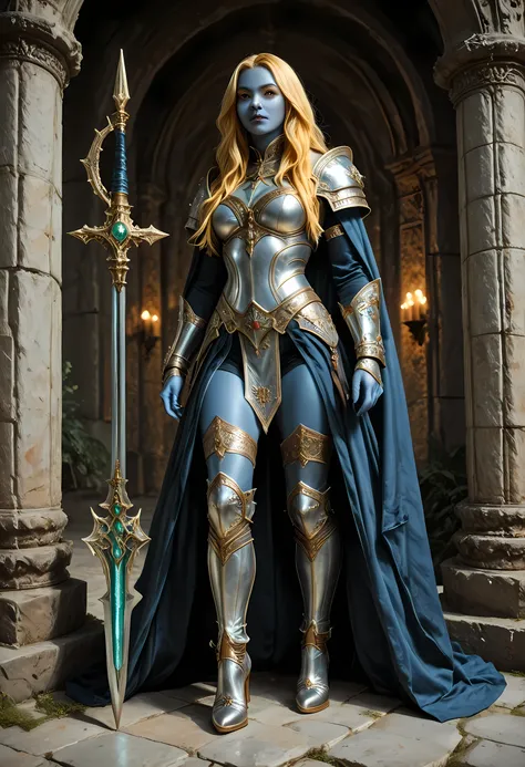 portrait of a female cleric ((dark blue skin)), intense details facial details, exquisite beauty, cleric, ((dark blue skin)) female, ((yellow hair)), long hair, (((no ears))), (green eyes)), armed with a fiery sword red fire, wearing (twilight priestly com...