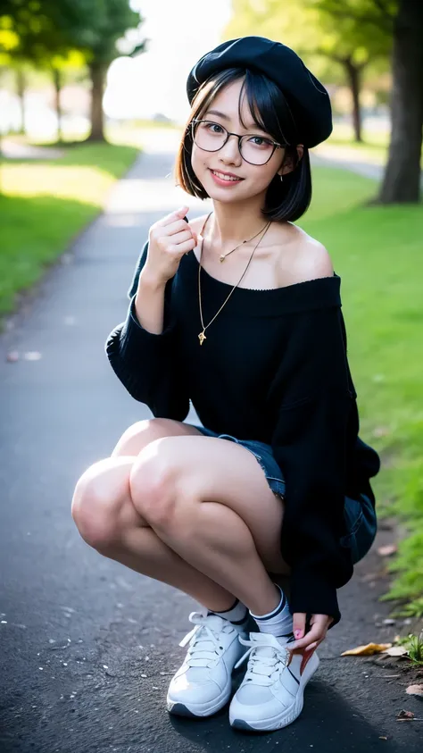 Rimless beige colored beret:(1.5), fluffy beige colored sweater:(1.45), Brown colored Flared Mini Skirt:(1.4), white colored high socks:(1.35), black-rimmed glasses:(1.3), White colored shoulder bag slung over the shoulder:(1.4), Strong summer sunlight :(...