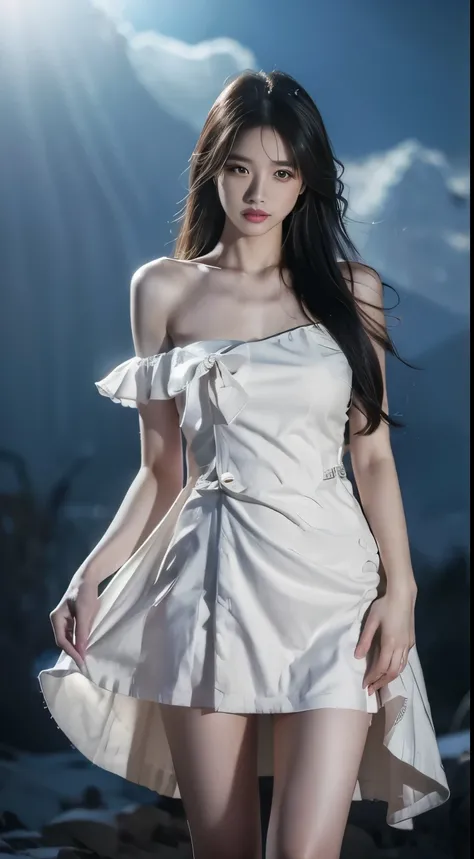 cyb dress, chinese clothes, ((cowboy shot)), ((Bare shoulder)), ((Short hemlines, sexy long legs)), realistic detailed photo of a giant breasted girl with exposed shoulders, detailed fingers, high quality skin, red eyes, alone in a winter scene with clouds...