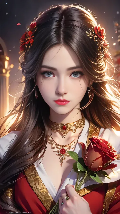(RAW photo:1.2), (photorealistic:1.4), beautiful girl holding bouquet of flowers, Very detailed eyes and face, Beautiful eyes, long hair, natural skin texture, fine skin, hyperrealism, Ultra-Fine, beautiful hands, ((red hanfu)), (sparkling jewelry), ultra ...
