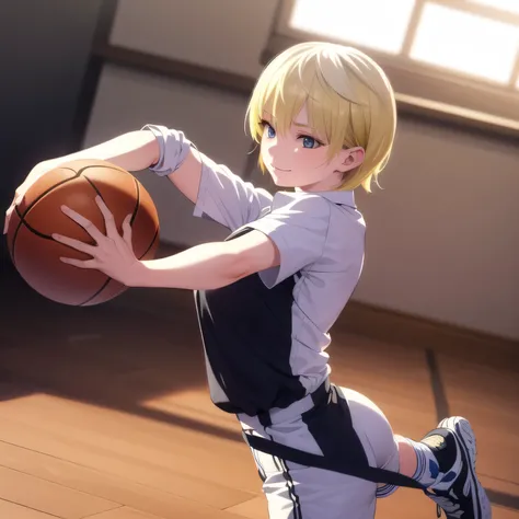 A young female basketball player executes a dynamic jump shot with precision and grace. She holds the basketball firmly in both hands, her form exuding confidence and skill. Her slim-fit uniform highlights her athletic build, while black high socks and mat...