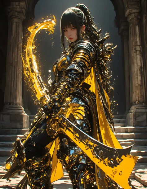 1girl, Japanese style, Giant dragon sword, attacking pose, cinematic composition, highly detailed facial features, intense battle expression, dramatic lighting, epic fantasy setting, dark moody atmosphere, ancient temple ruins background, glowing dragon en...