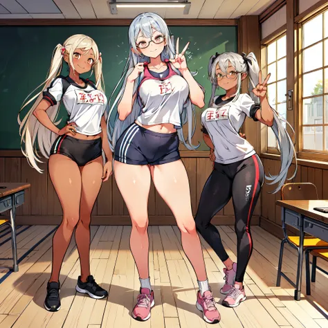 (masterpiece), of the highest quality, (colorful:1.1), (5 girls, Group Shot:1.4), (slender body:1.1), (huge :1.5), (Black Skin:1.1), (muscles:1.1),  Gold, silver hair, twin tails, knitting glasses, amount, (forward leaning posture:1.4), (opens her mouth, h...
