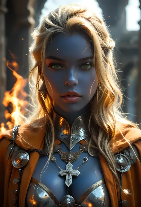 portrait of a female cleric ((dark blue skin)), intense details facial details, exquisite beauty, cleric, ((dark blue skin)) female, ((yellow hair)), long hair, (((no ears))), (green eyes)), armed with a fiery sword red fire, wearing (twilight priestly com...
