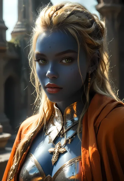 portrait of a female cleric ((dark blue skin)), intense details facial details, exquisite beauty, cleric, ((dark blue skin)) female, ((yellow hair)), long hair, (((no ears))), (green eyes)), armed with a fiery sword red fire, wearing (twilight priestly com...