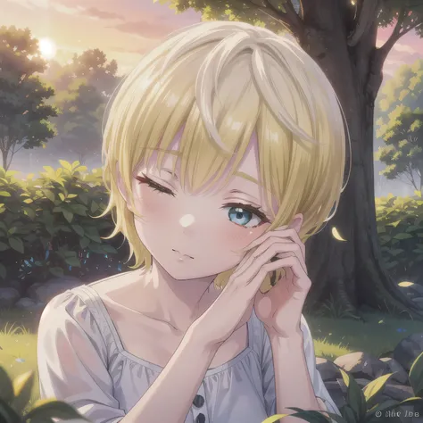 A breathtakingly beautiful 20-year-old woman stands in a lush green park at sunset, bathed in the warm golden light of the evening sun. Facing forward, her eyes gently closed, cheeks slightly flushed, and her face tilted upward as if anticipating a kiss, s...