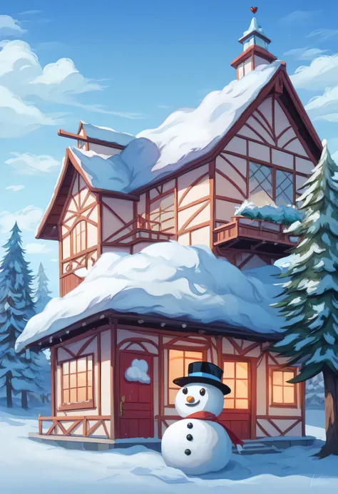 雪に覆われた村のsnowmanの絵で、There's a house in the background, Kinkade, Kinkade. Award-winning, Snow Sparkle, ( ( thomas Kinkade ) ), thomas Kinkade. cute cozy room in super realistic style , thomas Kinkade painting, thomas Kinkade style, snowman, by thomas Kinkad...
