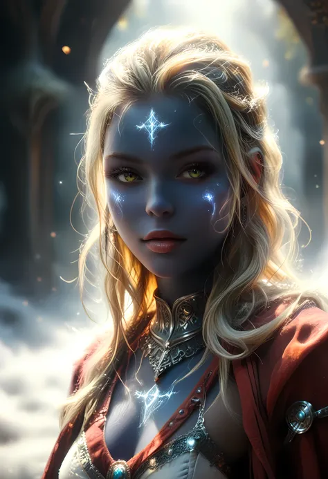 portrait of a female cleric ((dark blue skin)), intense details facial details, exquisite beauty, cleric, ((dark blue skin)) female, ((yellow hair)), long hair, (((no ears))), (green eyes)), armed with a fiery sword red fire, wearing (twilight priestly com...