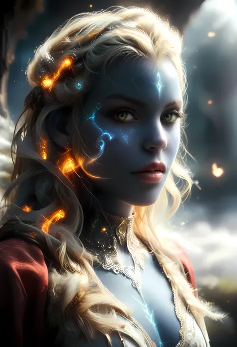 portrait of a female cleric ((dark blue skin)), intense details facial details, exquisite beauty, cleric, ((dark blue skin)) female, ((yellow hair)), long hair, (((no ears))), (green eyes)), armed with a fiery sword red fire, wearing (twilight priestly com...