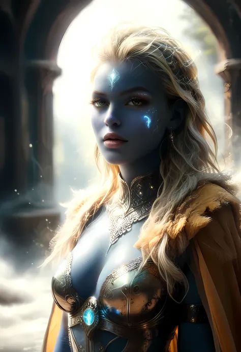 portrait of a female cleric ((dark blue skin)), intense details facial details, exquisite beauty, cleric, ((dark blue skin)) female, ((yellow hair)), long hair, (((no ears))), (green eyes)), armed with a fiery sword red fire, wearing (twilight priestly com...