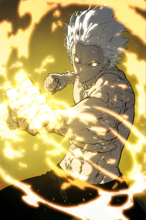 Handsome, Athletic, alone, male, Short spicky hair, long white hair, black yellow eye, no shirt, black pants, , intricate sketch, expressive eyes nose and mouth, Abs, simple pose, clench fist, martial art stance , perfect Anatomy 
